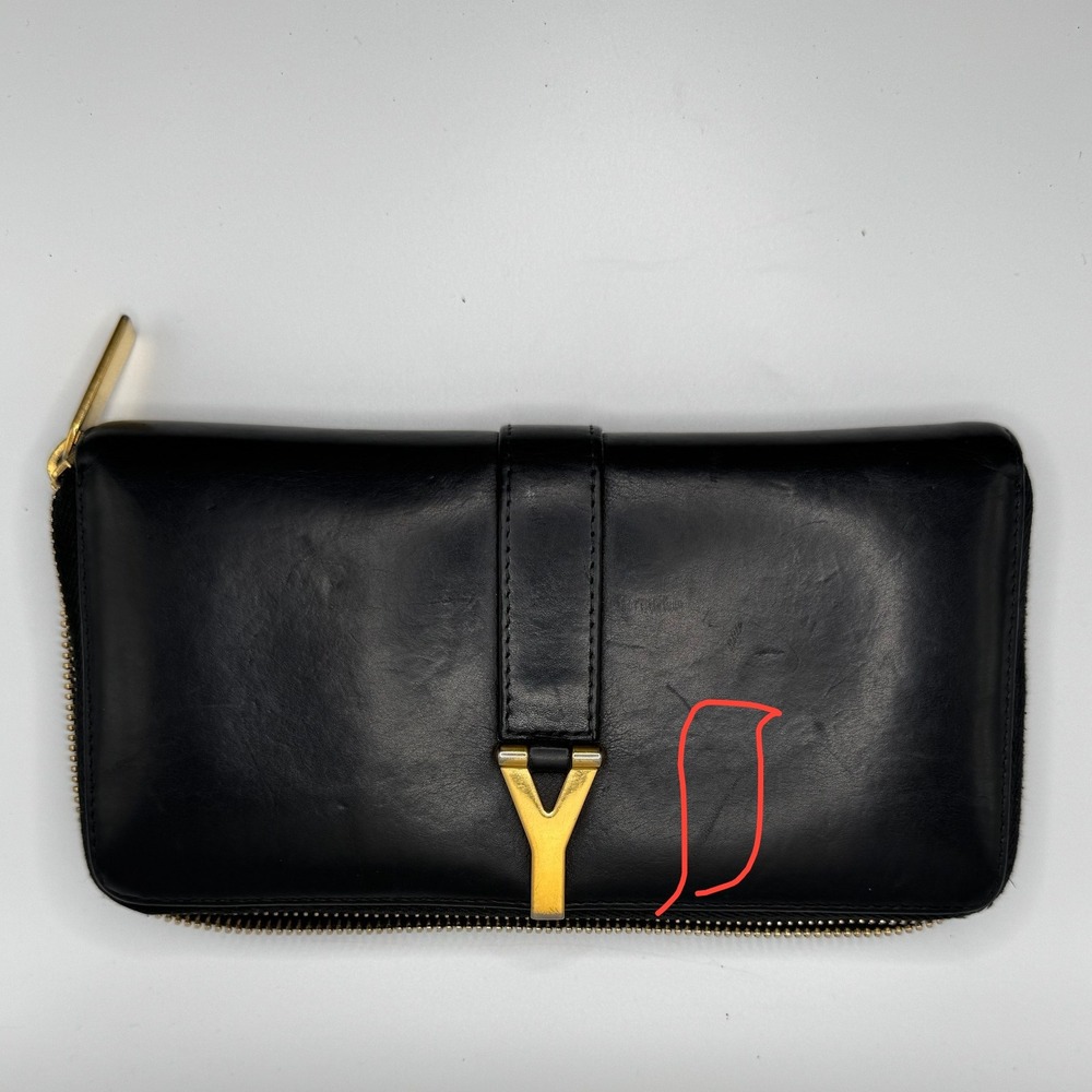 Saint Laurent Paris Black Leather YSL Gold Hardware Zip Around Wallet
